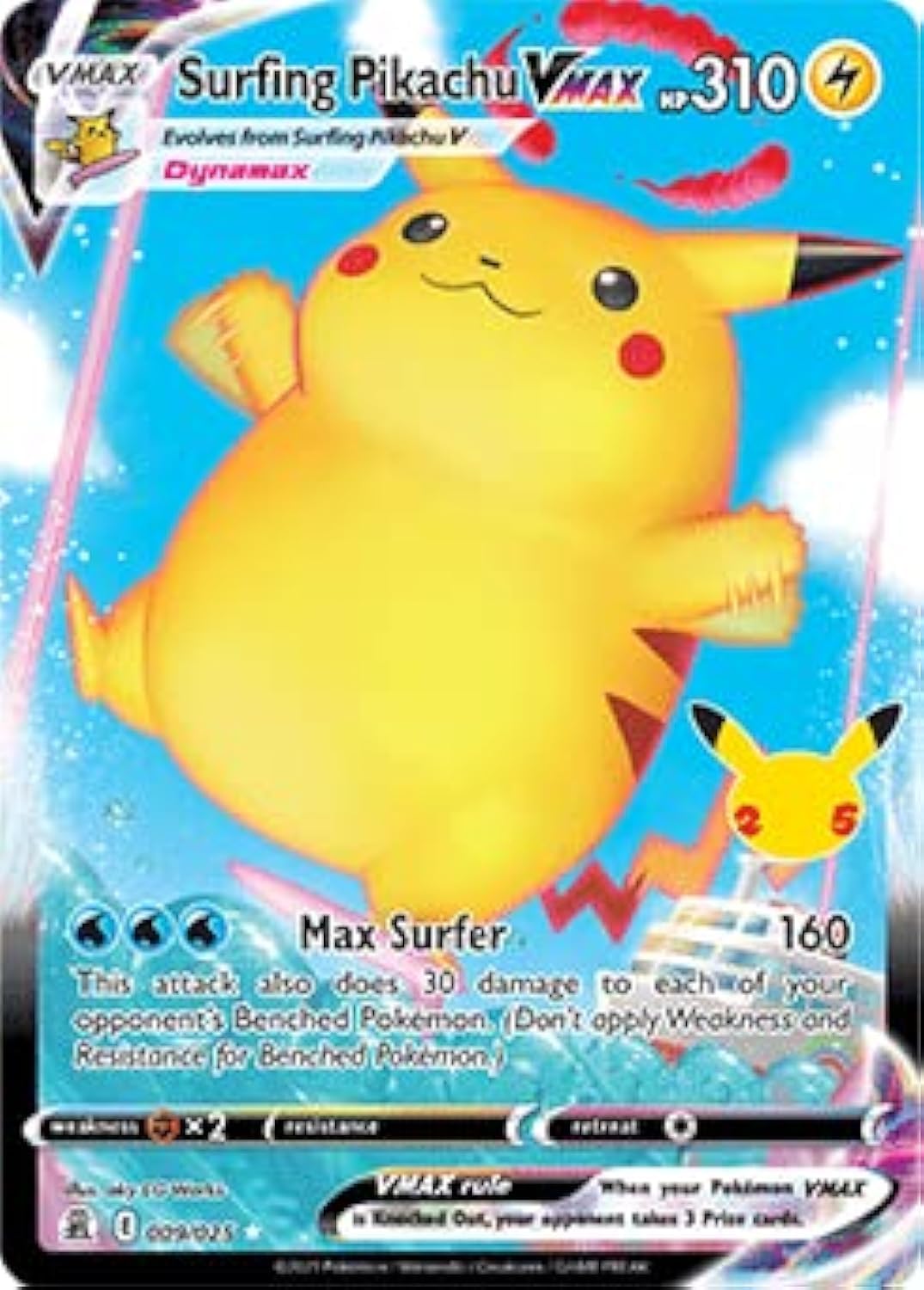 Pokemon Celebrations Surfing Pikachu VMAX, 25th Anniversary,Full Art Rare Holo VMAX