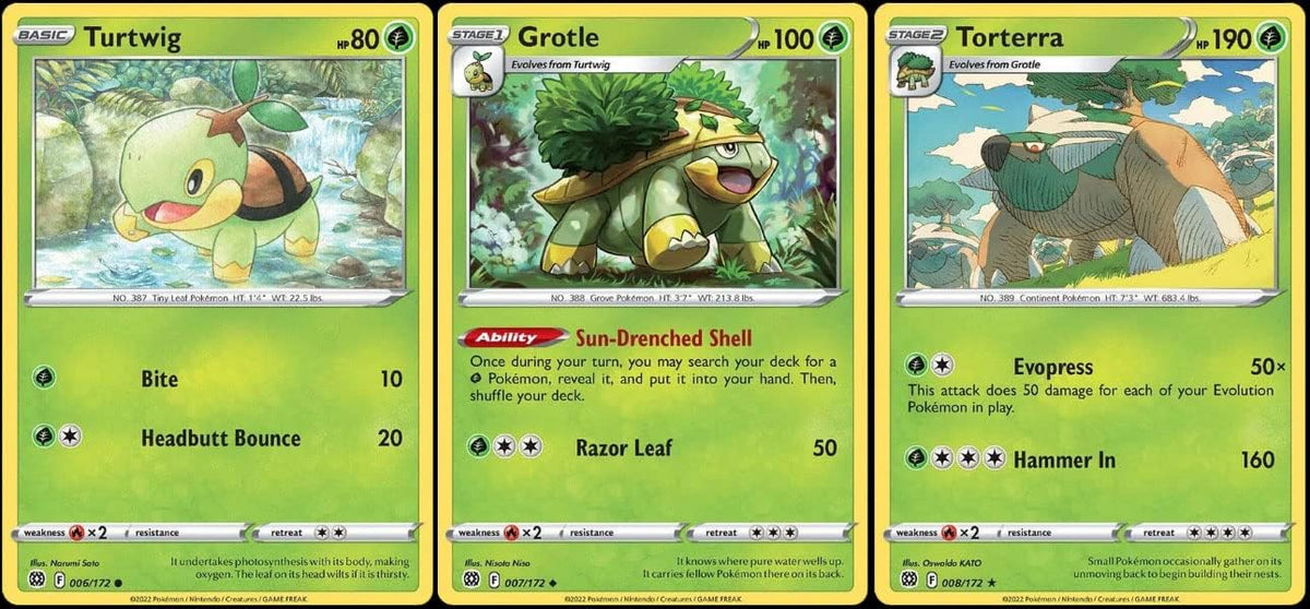 Torterra 008/172 Brilliant Stars - Rare - Evolution Pokemon 3 Card Lot - Grotle Turtwig